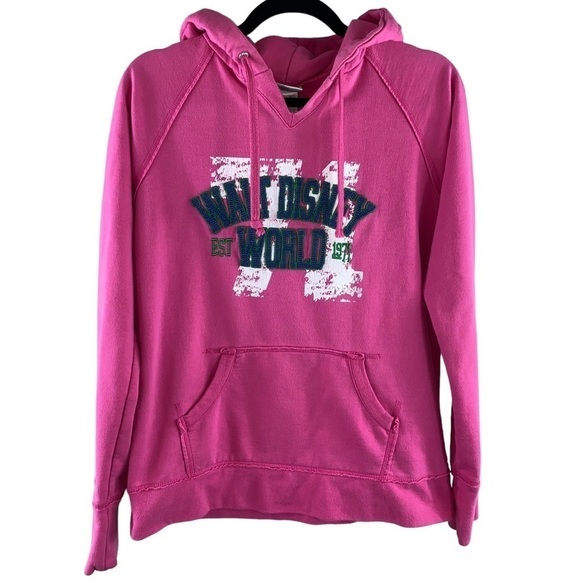 Vintage Disney Parks Women's Disney World Pink Felted Letters Mickey Hoodie Sz M - Picture 1 of 8